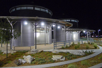 View of entrances to the grain-bin like restrooms